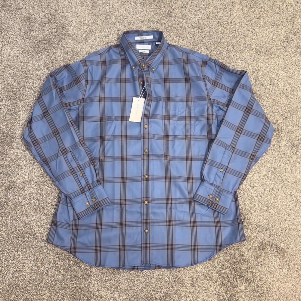 Tailor & Mason Mens XL Tailored Fit Non Iron Plaid Button Down Shirt Blue NWT